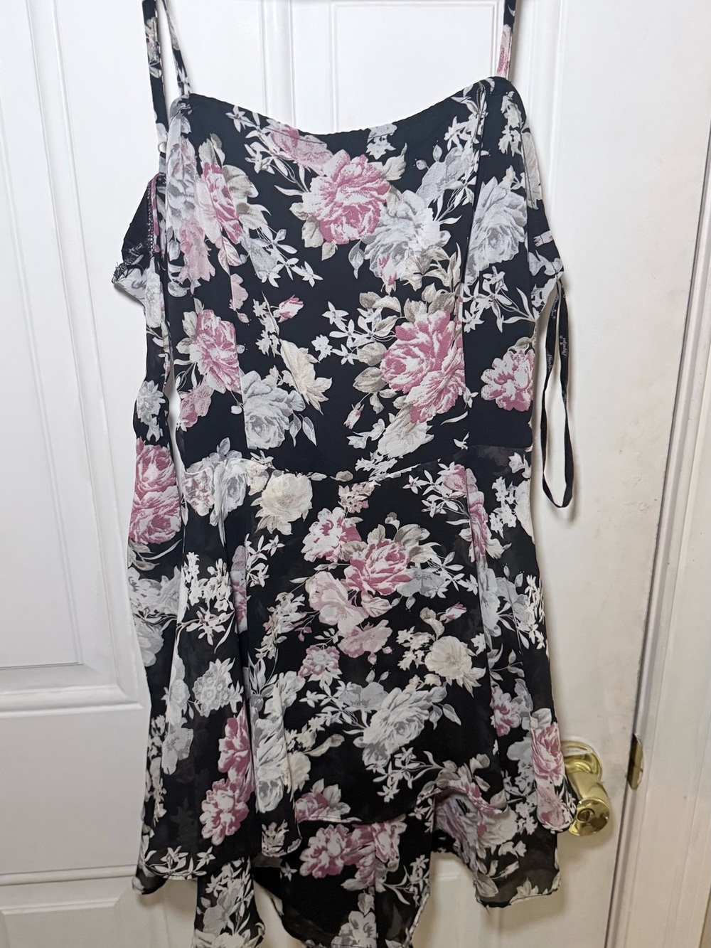 Papaya Black Floral Asymmetrical Spaghetti-Strap Dress with Pink Blooms